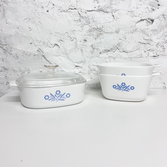 1970s Corning Ware Blue Cornflower set of x3, open casserole dishes x3 + x1 lid - Picture 2 of 7